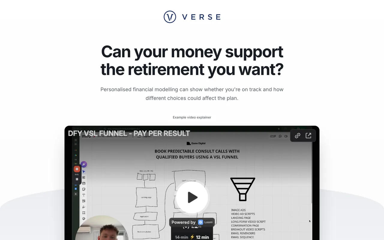 Landing page preview for Verse Wealth